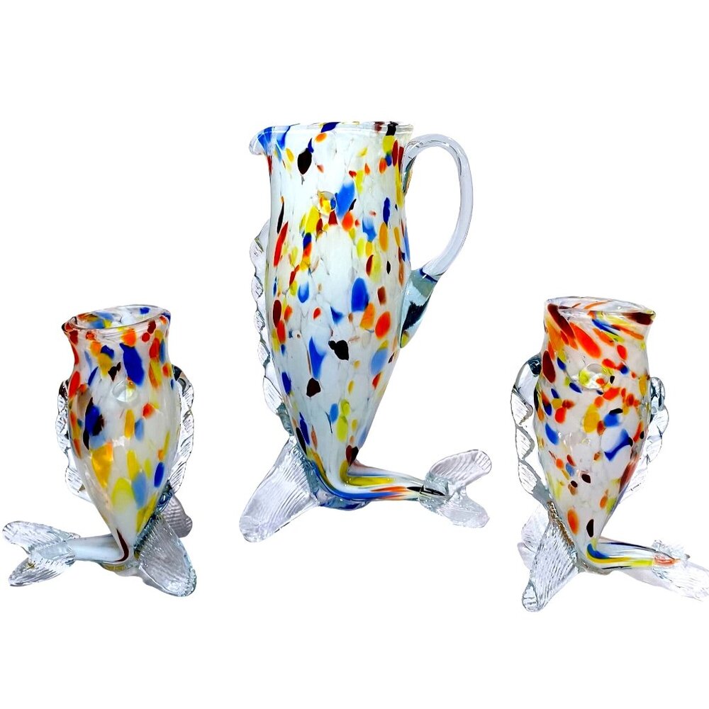 Murano Rainbow Confetti Fish Vase  Pitcher Glasses Sculpture Art Glass Set of 3
